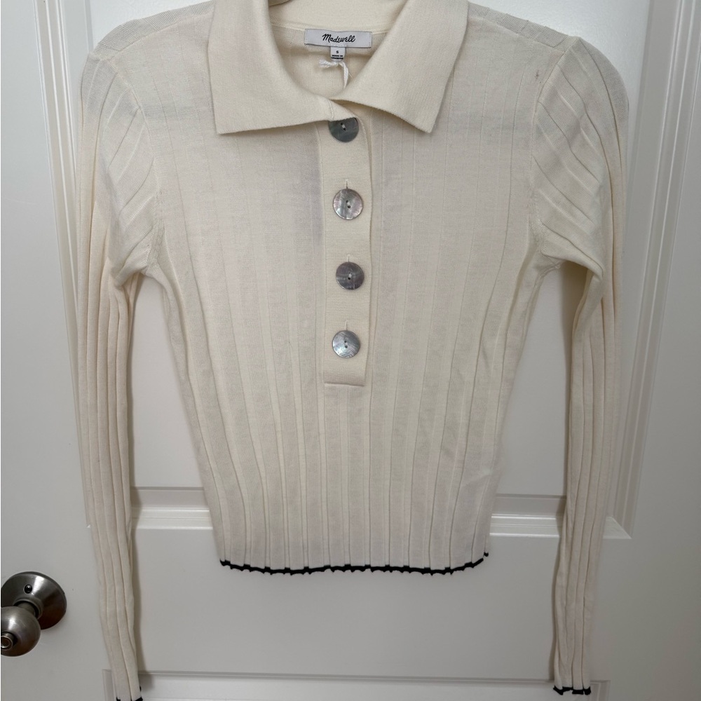Madewell Ivory Ribbed Polo Long Sleeve with Contrast Trim